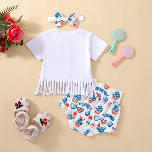 Vista 7 de Traje para bebé niña del 4 de julio, ropa para el Día de los Caídos con borlas, camiseta con bandera