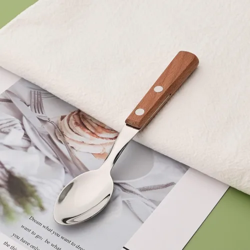 Vista 2 de Juego de 8 cucharas de espresso, juego de cubiertos de acero inoxidable 304 con mango de madera, cucharas pequeñas para postre, té, aperitivo, café