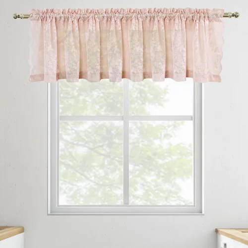 Vista 41 de FINECITY 2 paneles de cortinas de encaje beige de 36 pulgadas de largo con hojas florales rústicas, cortinas cortas y transparentes para ventana