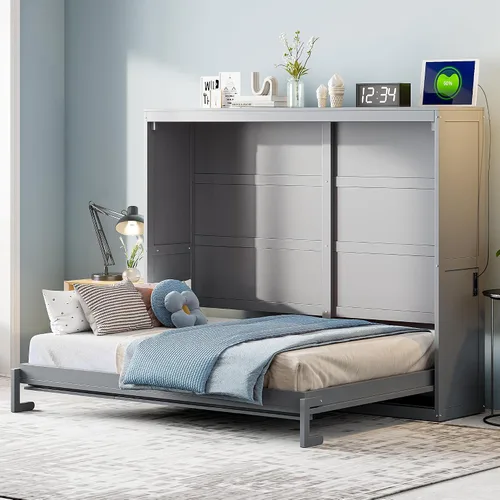Vista 14 de Cama Murphy de tamaño matrimonial con estación de carga, marco de cama de pared de madera que ahorra espacio se puede plegar, armario de cama cubo