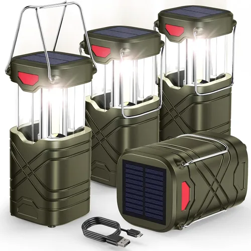 Vista 10 de LETMY Paquete de 4 linternas de campamento, linternas LED recargables, faroles solares con batería para huracanes con 3 vías de alimentación y cable