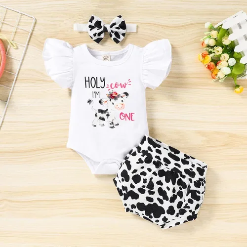 Vista 20 de Conjunto de ropa para bebé niña de 1er cumpleaños con mangas con volantes + pantalones cortos estampados + diadema para tartas