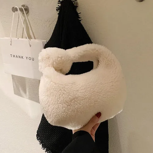 Vista 3 de VALICLUD Bolsa de felpa de invierno para dumpling de moda, bolsa de almacenamiento portátil, Blanco