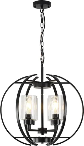 Vista 2 de Lámpara de araña negra con vidrio transparente para comedor, iluminación colgante de granja, lámpara de techo de globo de 4 luces