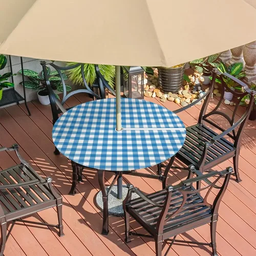 Vista 7 de Fitted Round Tablecloth with Umbrella Hole and Zipper Buffalo Plaid Outdoor Elastic Table Cloth 36"-44" Oil-Proof Waterproof Moroccan Patio Table