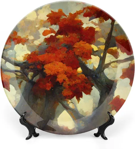 Vista 8 de Platos decorativos de pintura de paisaje de árboles de montaña otoñal, platos decorativos para decoración del hogar, platos de cena de temporada