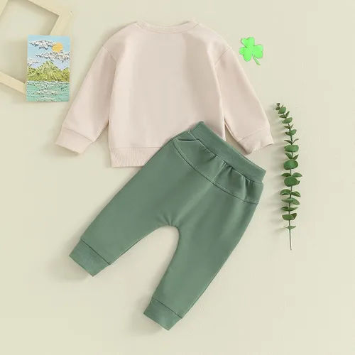 Vista 2 de Amiblvowa Conjunto de sudadera de manga larga para el día de San Patricio para bebé niño, sudadera de manga larga y pantalones deportivos casuales