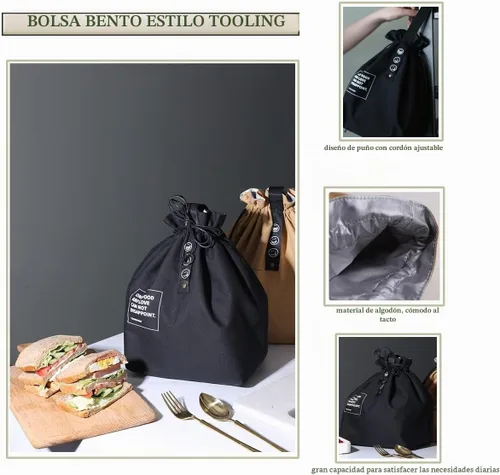 Vista 2 de Bolsa de almuerzo de lona con cordón, bolsa de almuerzo aislada, estilo japonés, bolsa de almuerzo reutilizable, bolsa aislada con asa y cierre