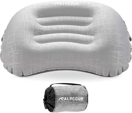 Vista 9 de Alpcour Almohada de camping – Almohada de dormir grande, inflable, ultraligera con diseño fácil de inflar, funda exterior impermeable suave y funda