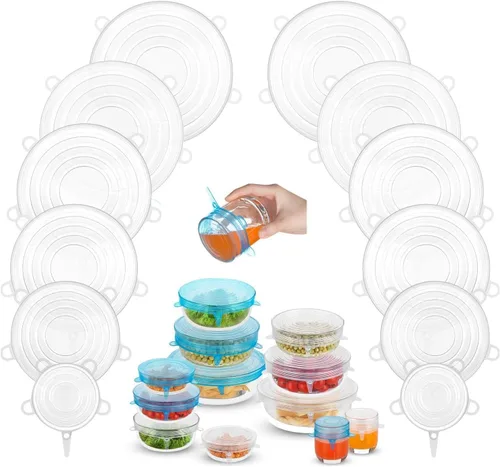 Vista 9 de Pequeñas tapas elásticas de silicona, 12 piezas de 2.6"/6.5cm, tapas de contenedor de silicona reutilizables sin desperdicio para tarros, cuencos