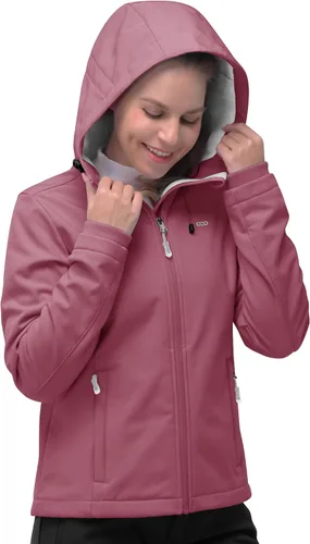 Vista 2 de 33,000ft Chaqueta de softshell para mujer, chaqueta cálida con forro polar, ligera con capucha, impermeable, para senderismo al aire libre Rojo Berry