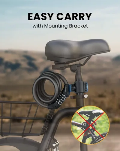 Vista 3 de KEYSTP Cable de bloqueo de bicicleta de 5 dígitos, cerradura de bicicleta de combinación reajustable resistente, antirrobo con soporte de montaje