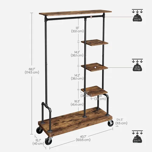 Vista 6 de VASAGLE UHSR66BX - Perchero para ropa con ruedas, organizador de ropa portátil con 5 niveles, estilo de tubería industrial, marrón rústico