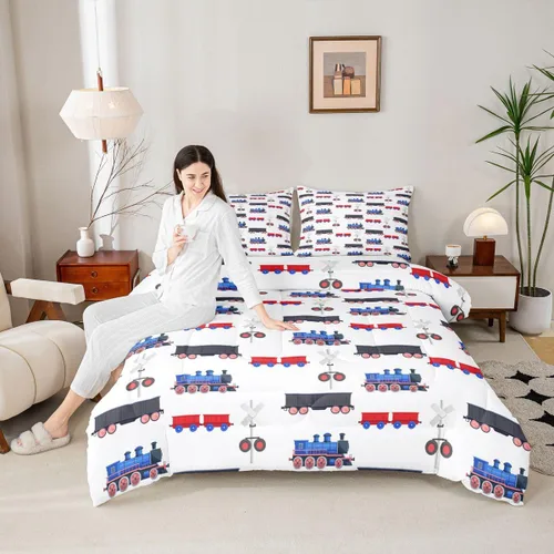 Vista 2 de Erosebridal Juego de ropa de cama de tren de dibujos animados para niños y niños, edredón de plumón de vehículos para niños, decoración