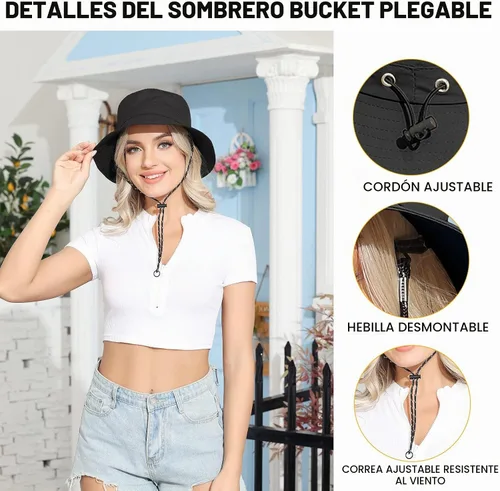 Vista 6 de Packable Bucket Hat for Women Waterproof UV Protection Sun Hat Negro
