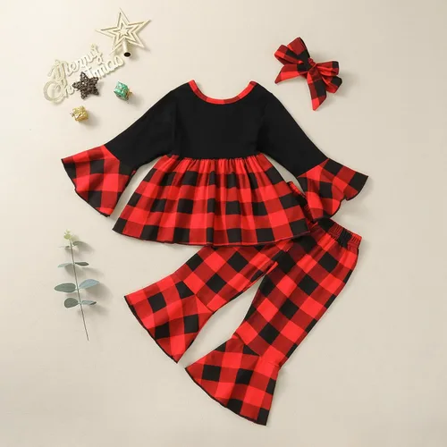 Vista 3 de Conjunto de ropa de Navidad para bebé-niña-otoño-invierno rojo y negro a cuadros