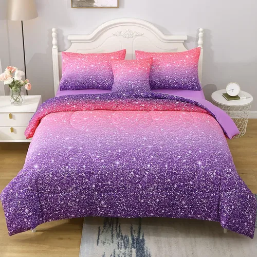 Vista 17 de JQinHome Juego de edredón con purpurina, tamaño individual, juego de ropa de cama en una bolsa de 6 piezas en 3D colorido degradado para niñas