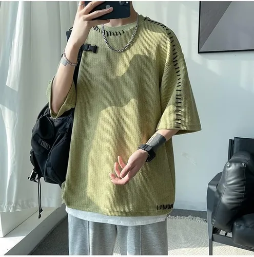 Vista 6 de LLLY Camisetas de verano para hombre de costura manual, camiseta de manga corta de gran tamaño, ropa de calle, para hombres y mujeres, camisetas