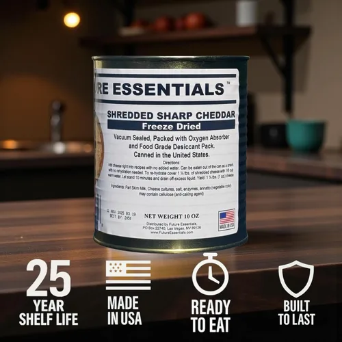 Vista 6 de Future Essentials Queso cheddar afilado liofilizado - Lata #2.5 - Suministro de alimentos de emergencia - Vida útil de 25 años - Fabricado