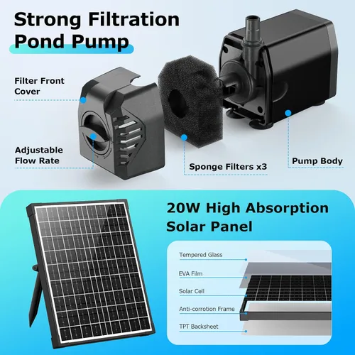 Vista 5 de POPOSOAP Filtro solar para estanque con bomba de fuente, bomba de agua de 20 W y filtros de estanque para estanques al aire libre, pecera, jardín