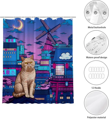 Vista 7 de Cortina de ducha de gato japonés de neón, impermeable, de poliéster, decoración retro para niños y adultos, se adapta a bañera, ducha y ventana