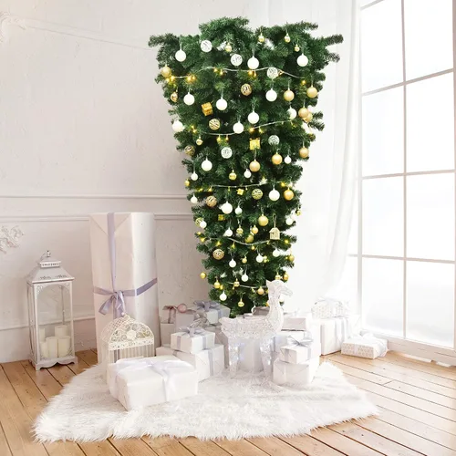 Vista 3 de DORTALA - Árbol de Navidad artificial invertido de 7 pies para decoración festiva con soporte de metal Sin encender
