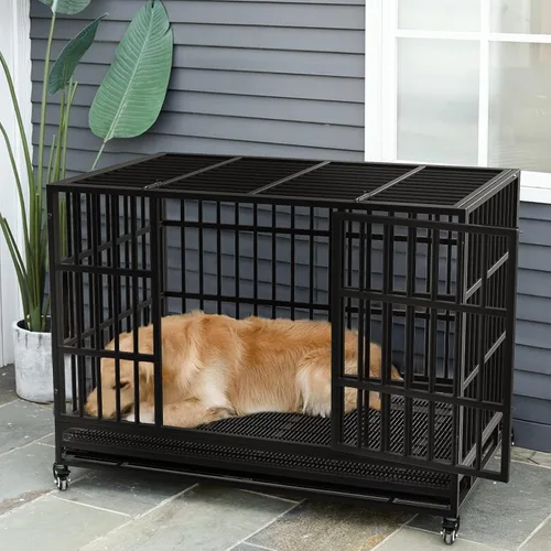 Vista 9 de LEMBERI - Jaula para perro indestructible y resistente de 48/38 pulgadas, a prueba de escapes con ruedas bloqueables, doble puerta para evitar