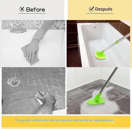 Vista 5 de Cepillo de limpieza con mango largo, 2 en 1, extensible, para baño, con 2 cerdas rígidas y 4 esponjas con mango largo, limpiador ligero desmontable