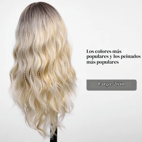 Vista 6 de HAIRCUBE Peluca rubia con reflejos, peluca larga y rizada con flequillo, peluca marrón, aspecto natural, resistente al calor, peluca sintética