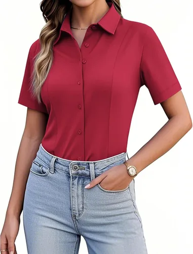 Vista 7 de Siliteelon Camisetas de Botón para Mujer, Ajustadas, de Manga Corta, Elásticas, Camisa de Vestir, Sin Arrugas, Sólida, Blusa de Trabajo