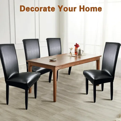 Vista 2 de Fundas de Silla de Cuero para Sillas de Comedor, Juego de 4, Fundas Super Elásticas Impermeables para Sillas de Cocina, Fundas de Silla de Comedor