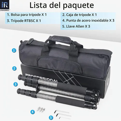 Vista 6 de Trípode de Fibra de Carbono - INNOREL RT85C Sin Rótula Cabeza de Bola Súper Profesional Trípode Monopié Soporte de Resistencia para Cámara DSLR Negro