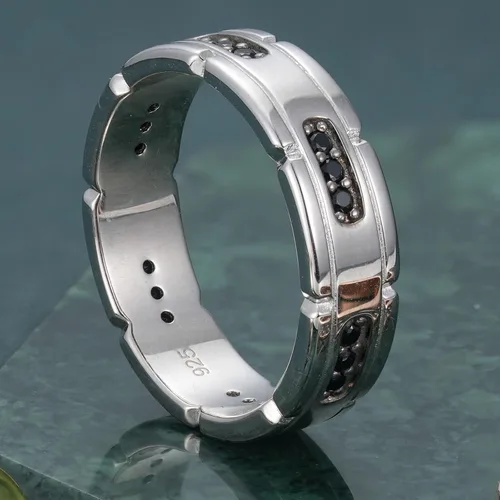Vista 3 de Anillo de boda de oro blanco para hombre, plata de ley 925 con 13 circonitas cúbicas de corte redondo, anillo de compromiso para él, talla 7-14