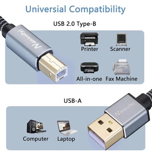 Vista 3 de Cable de impresora de 30 cm, USB 2.0 tipo A macho a B macho, cables trenzados, cable de escáner de alta velocidad, cable de impresora USB compatible