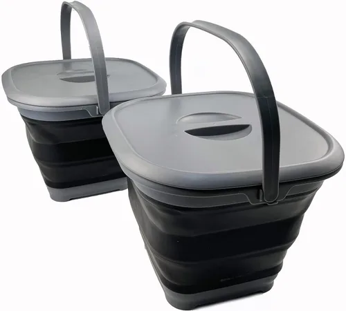 Vista 8 de SAMMART Cubo cuadrado plegable de 8.5 L (2.2 galones) con tapa/cubo de agua cuadrado plegable con tapa/bañera portátil con asa y tapa (gris/negro)