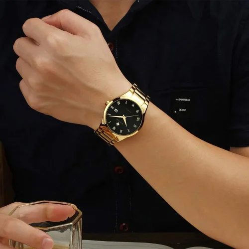 Vista 2 de WWOOR Mens Quartz Stainless Steel and Metal Black and Gold Watches for Men Waterproof Casual Wrist Watch with Date