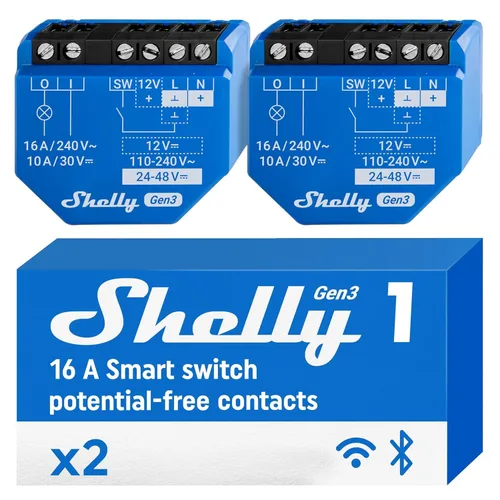 Vista 8 de Shelly 1 Gen3, interruptor de relé inteligente WiFi con contactos secos, 1 canal 16A, compatible con Alexa, Home Assistant, SmartThings y Google