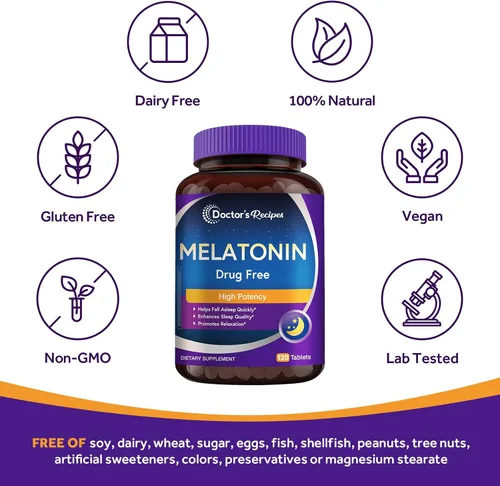 Vista 6 de Doctor's Recipes Melatonina 10 mg, alta potencia, sin hábito, vegano, suplementos de apoyo para dormir para hombres y mujeres, sin OMG, sin gluten