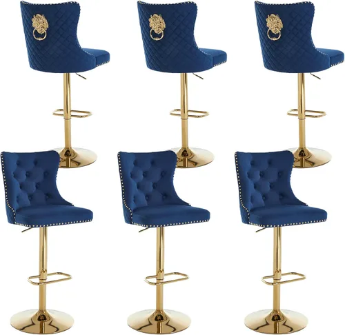 Vista 16 de Juego de 1 taburetes de bar giratorios dorados, taburetes de bar ajustables de terciopelo con respaldo copetudo, ribete de cabezas de clavos