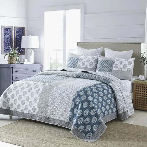 Vista 2 de Y-PLWOMEN Colchas tamaño Queen, 100% algodón, ligero, suave, tamaño Queen, azul, gris, blanco, acolchado, juego de ropa de cama reversible