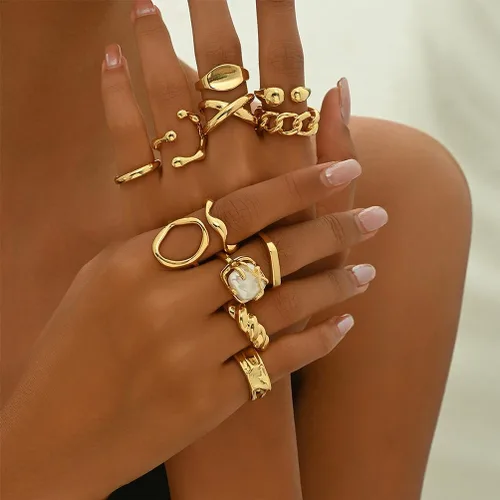 Vista 2 de Juego de anillos de nudillos apilables de oro grueso vintage, delicados, geométricos, cúpula, hippie, paquete de anillos abiertos para mujeres, punk