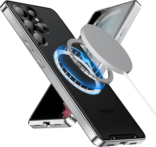 Vista 13 de Funda de metal para Galaxy S23 compatible con MagSafe Wireless Chager a prueba de golpes, bloqueo de seguridad de parachoques de metal esmerilado