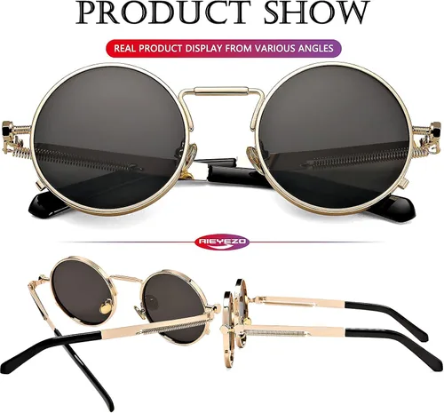 Vista 6 de AIEYEZO Gafas de sol redondas Steampunk con montura de metal gótico, 100% bloqueo UV