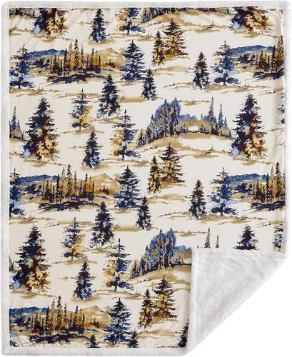 Vista 2 de Indigo Hill by HiEnd Accents Acadia - Manta de sherpa con estampado de pinos bosques, naturaleza, bosque, montaña, manta occidental para acampar al