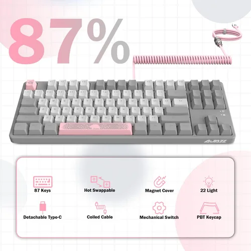 Vista 3 de A.JAZZ AK873 Teclado mecánico TKL para juegos con cable de 87 teclas con retroiluminación arco iris, interruptor marrón táctil, junta NKRO