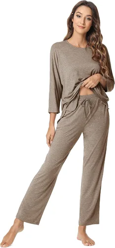 Vista 3 de NACHILA Conjunto de pijama de manga larga para mujer, pantalones largos suaves de bambú con bolsillos, S-XL