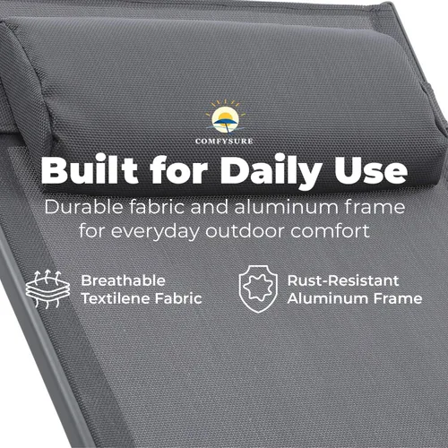 Vista 5 de ComfySure Juego de 2 sillas de aluminio reclinables de textileno de 4 posiciones con almohada y reposabrazos, apilables, resistentes a los rayos UV