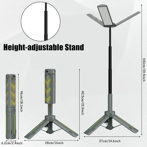 Vista 5 de Luces de campamento recargables con soporte, luces de trabajo telescópicas inalámbricas con 3 cabezales de lámpara LED, linterna de trípode
