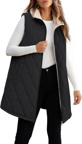 Vista 9 de ECOWISH Chaleco largo acolchado para mujer: chaqueta de forro polar reversible con cremallera para otoño 2025, abrigo de invierno cálido sin mangas