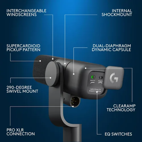 Vista 6 de Logitech G Yeti Studio - Micrófono dinámico XLR de estudio activo para juegos, preamplificador ClearAmp activo, cápsula de doble diafragma, Negro